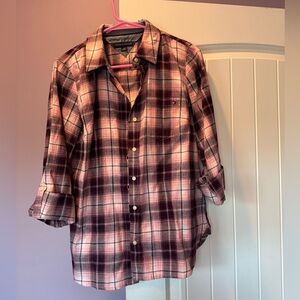 Tommy Hilfiger Pink /purple Plaid Button Down Flannel Shirt Small goes to waist